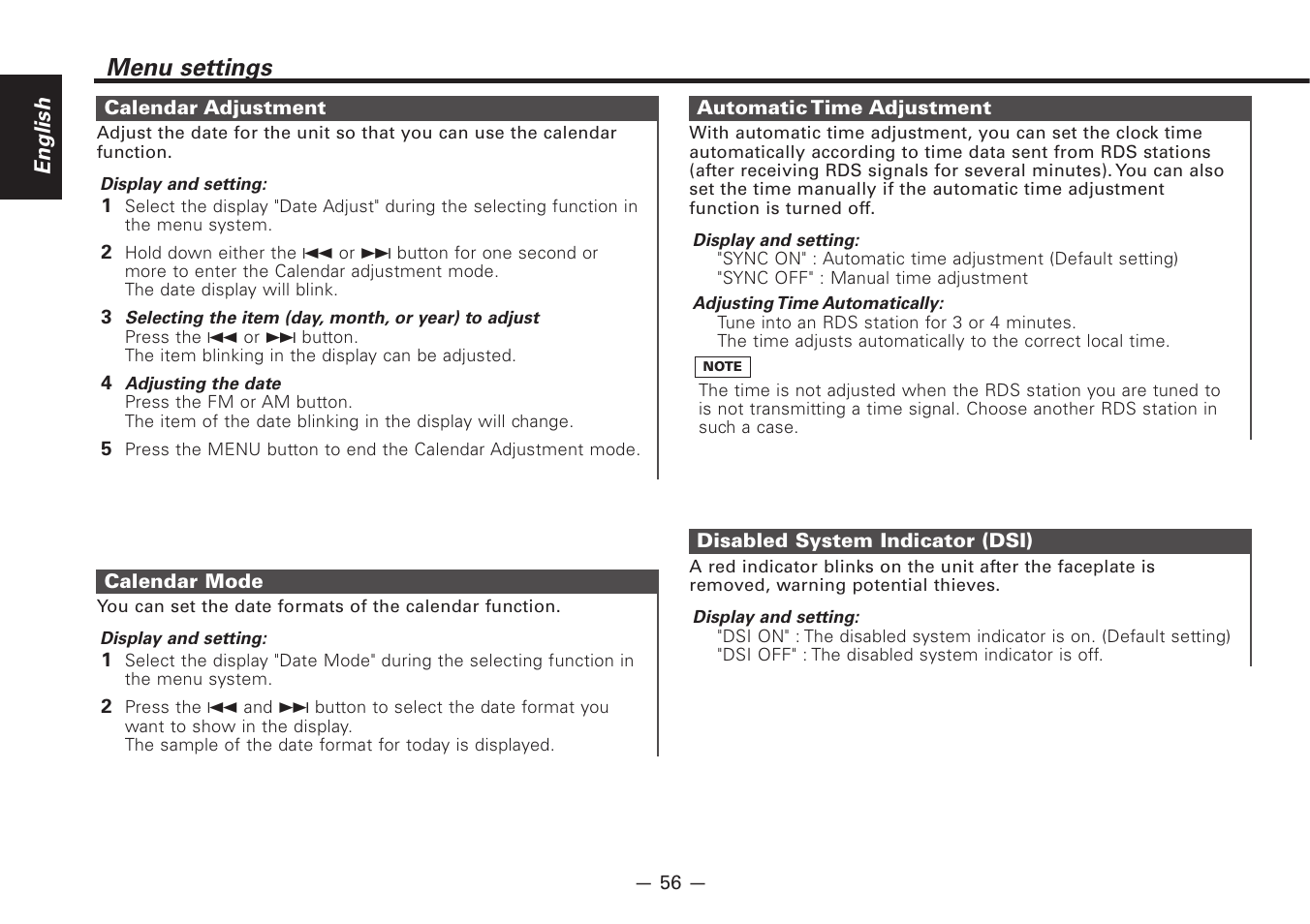 Menu settings | Kenwood Z920DVD User Manual | Page 56 / 76