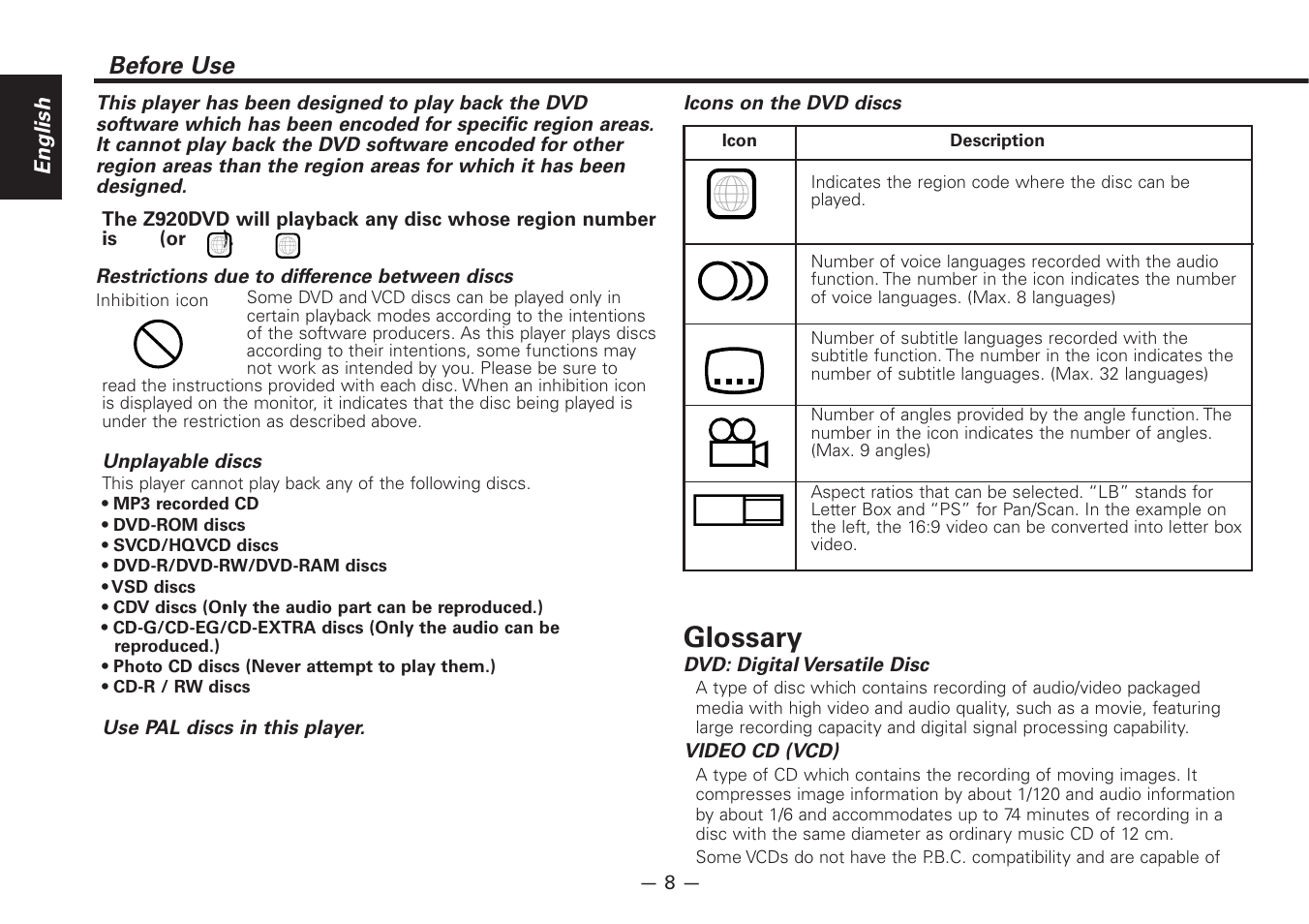 Glossary, Before use | Kenwood Z920DVD User Manual | Page 8 / 76