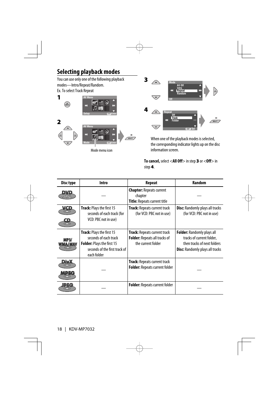 Selecting playback modes | Kenwood KDV-MP7032 User Manual | Page 18 / 43