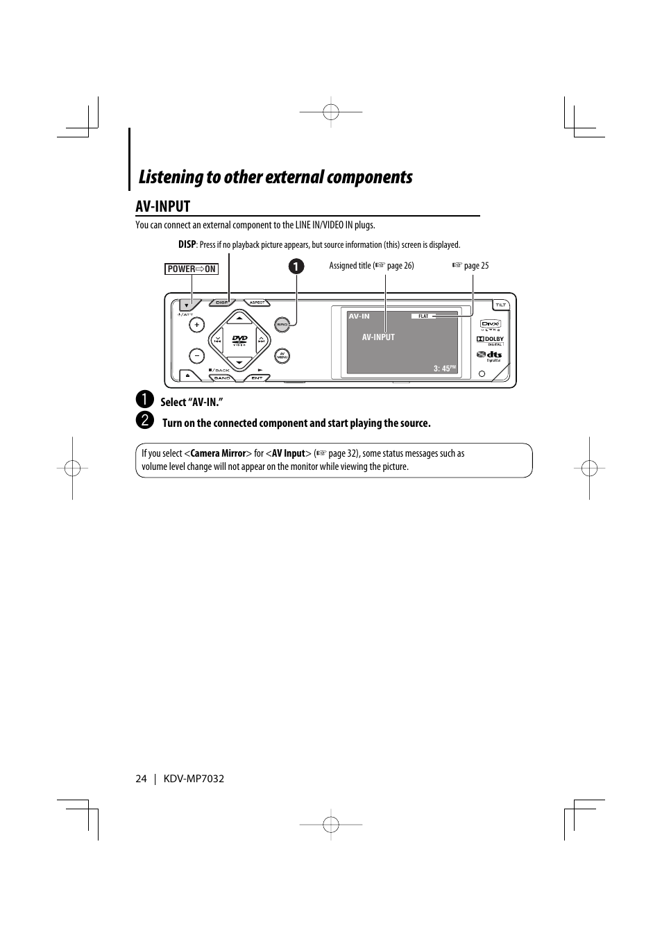 Listening to other external components, Av-input | Kenwood KDV-MP7032 User Manual | Page 24 / 43