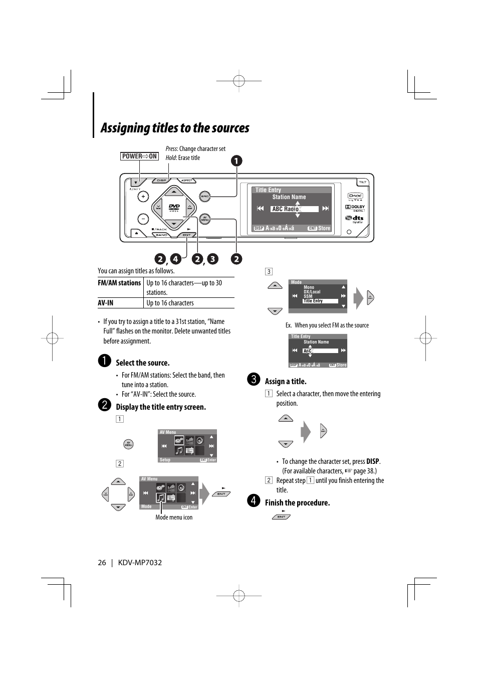 Assigning titles to the sources | Kenwood KDV-MP7032 User Manual | Page 26 / 43