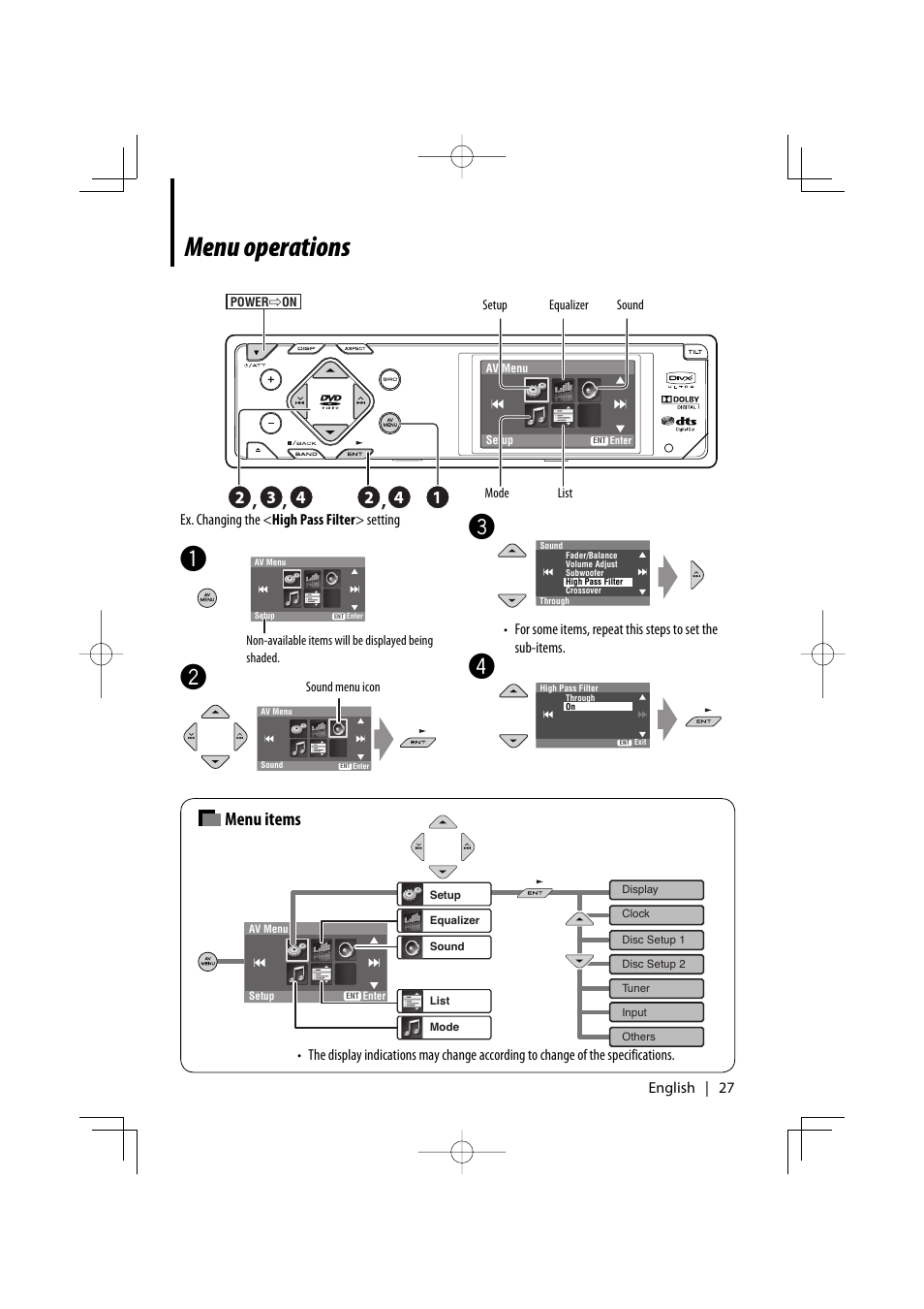 Menu operations, Menu items | Kenwood KDV-MP7032 User Manual | Page 27 / 43