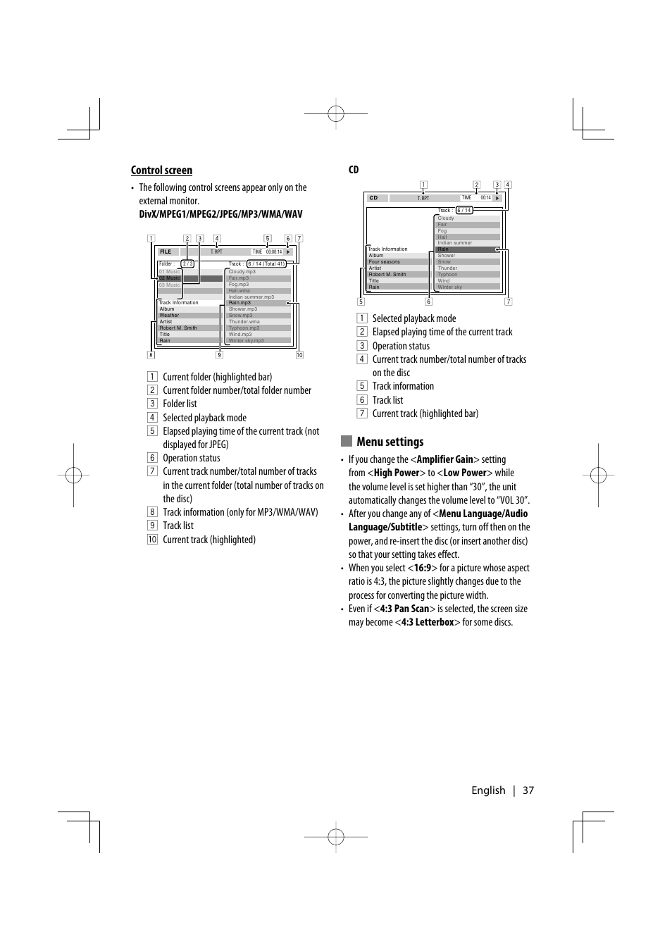 Menu settings, Control screen | Kenwood KDV-MP7032 User Manual | Page 37 / 43