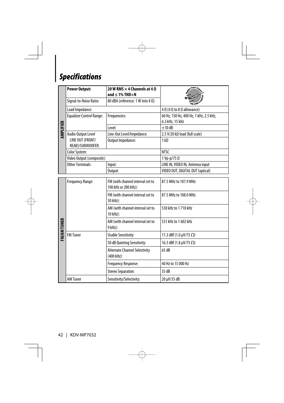 Specifications | Kenwood KDV-MP7032 User Manual | Page 42 / 43