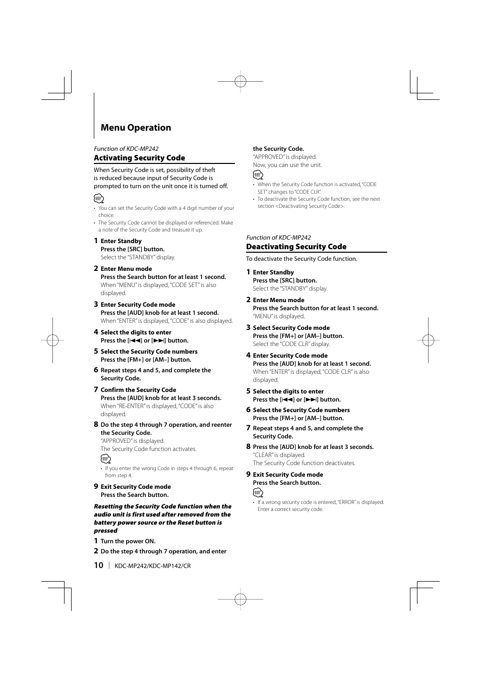 Menu operation | Kenwood KDC-MP142 User Manual | Page 10 / 56