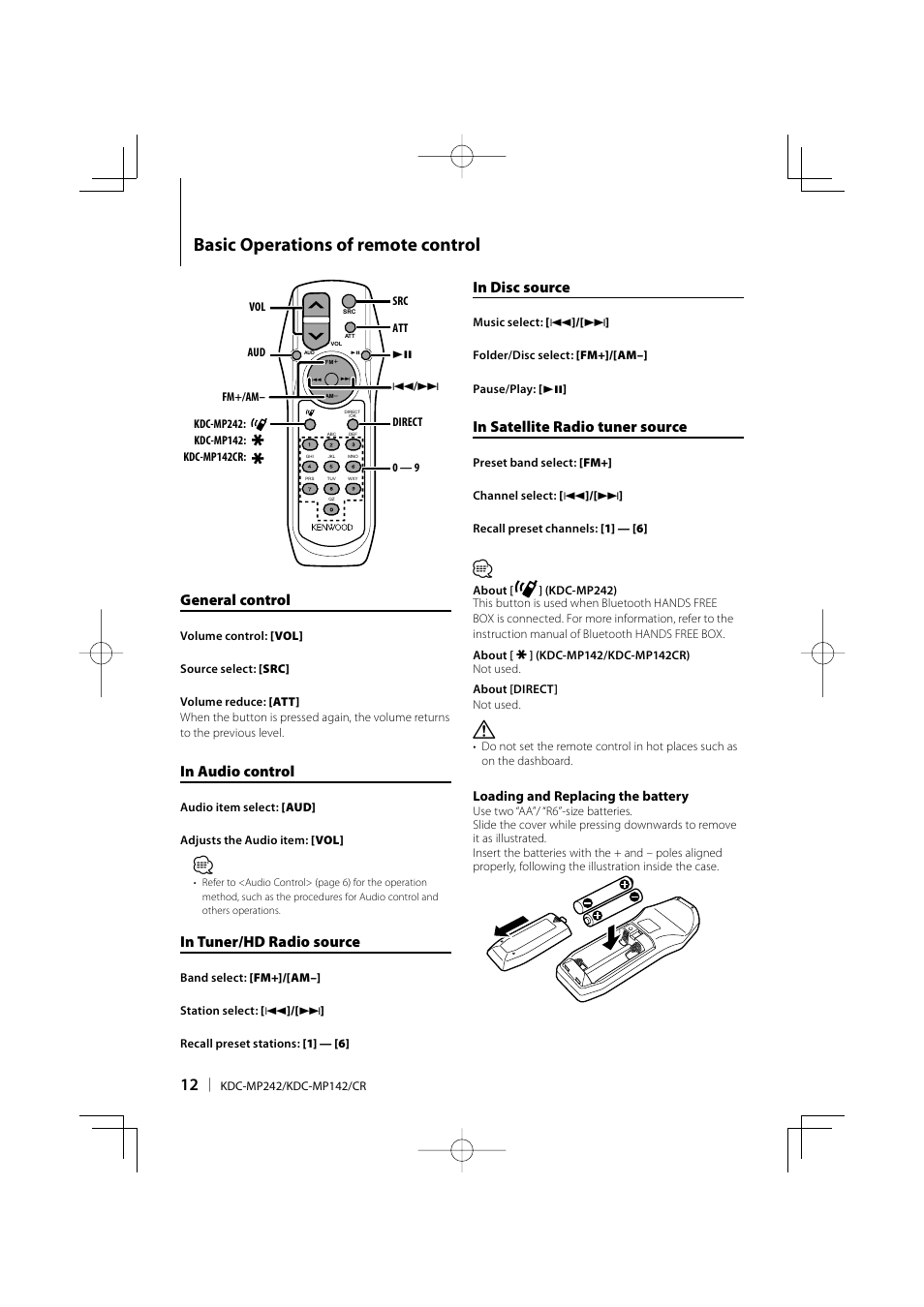 Basic operations of remote control, General control | Kenwood KDC-MP142 User Manual | Page 12 / 56