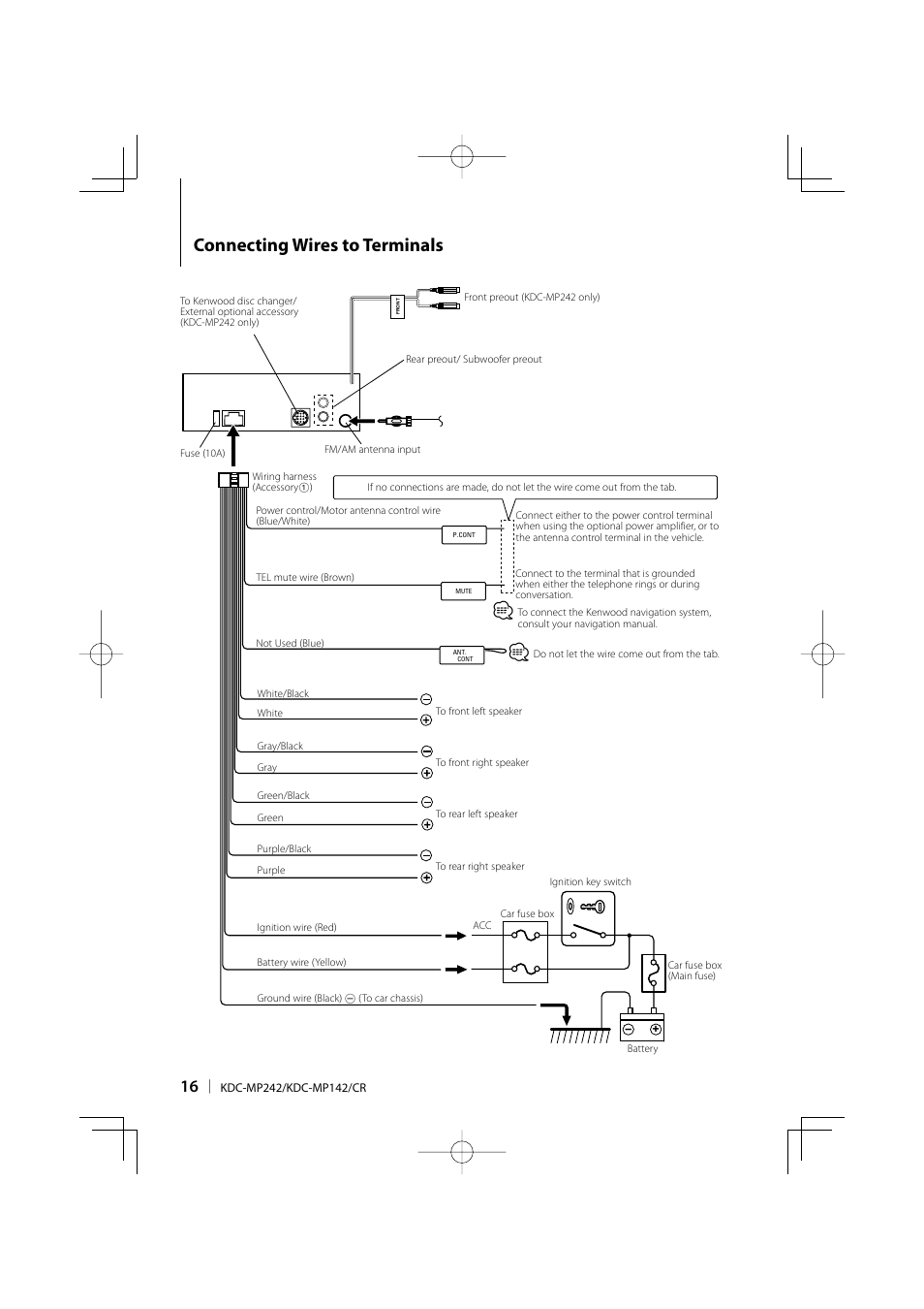 Connecting wires to terminals | Kenwood KDC-MP142 User Manual | Page 16 / 56
