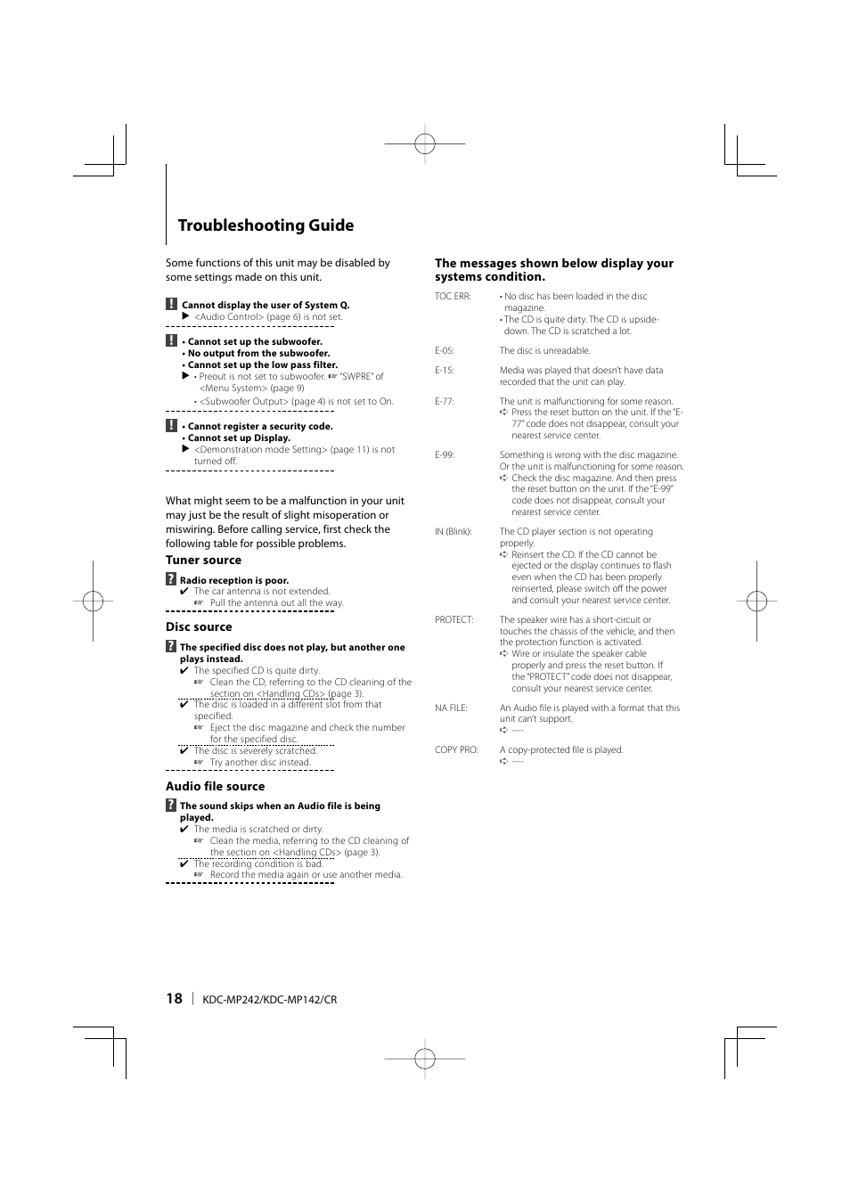 Troubleshooting guide | Kenwood KDC-MP142 User Manual | Page 18 / 56