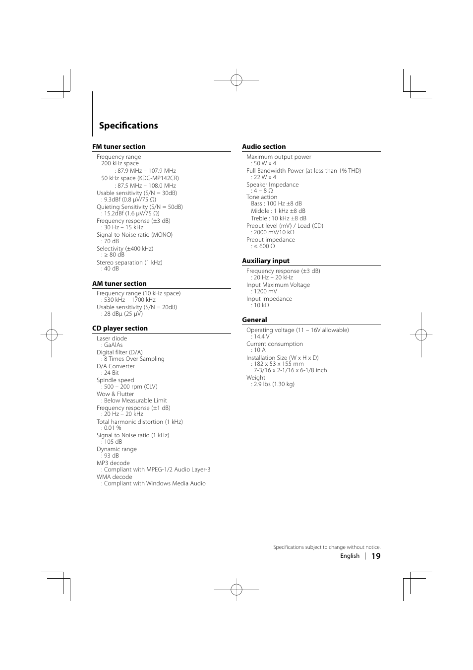 Specifi cations | Kenwood KDC-MP142 User Manual | Page 19 / 56