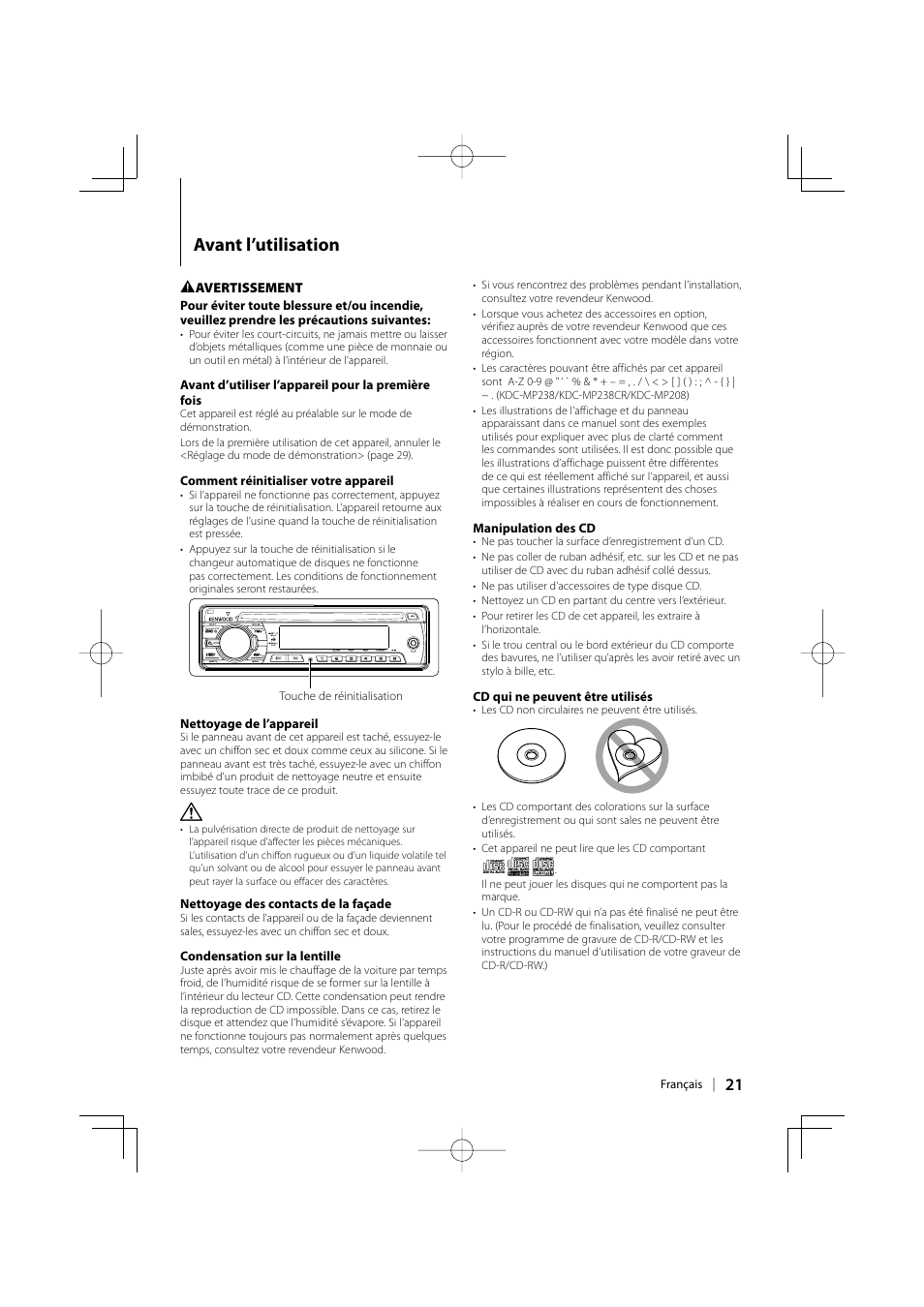 Avant l’utilisation | Kenwood KDC-MP142 User Manual | Page 21 / 56