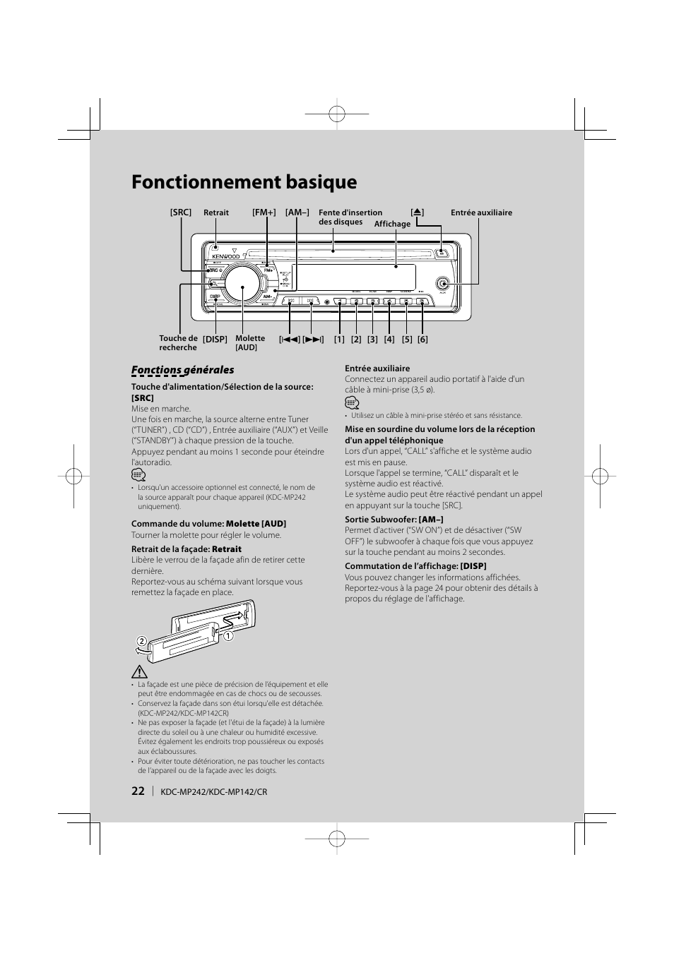 Fonctionnement basique | Kenwood KDC-MP142 User Manual | Page 22 / 56