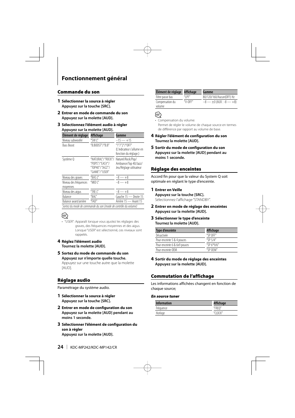 Fonctionnement général | Kenwood KDC-MP142 User Manual | Page 24 / 56