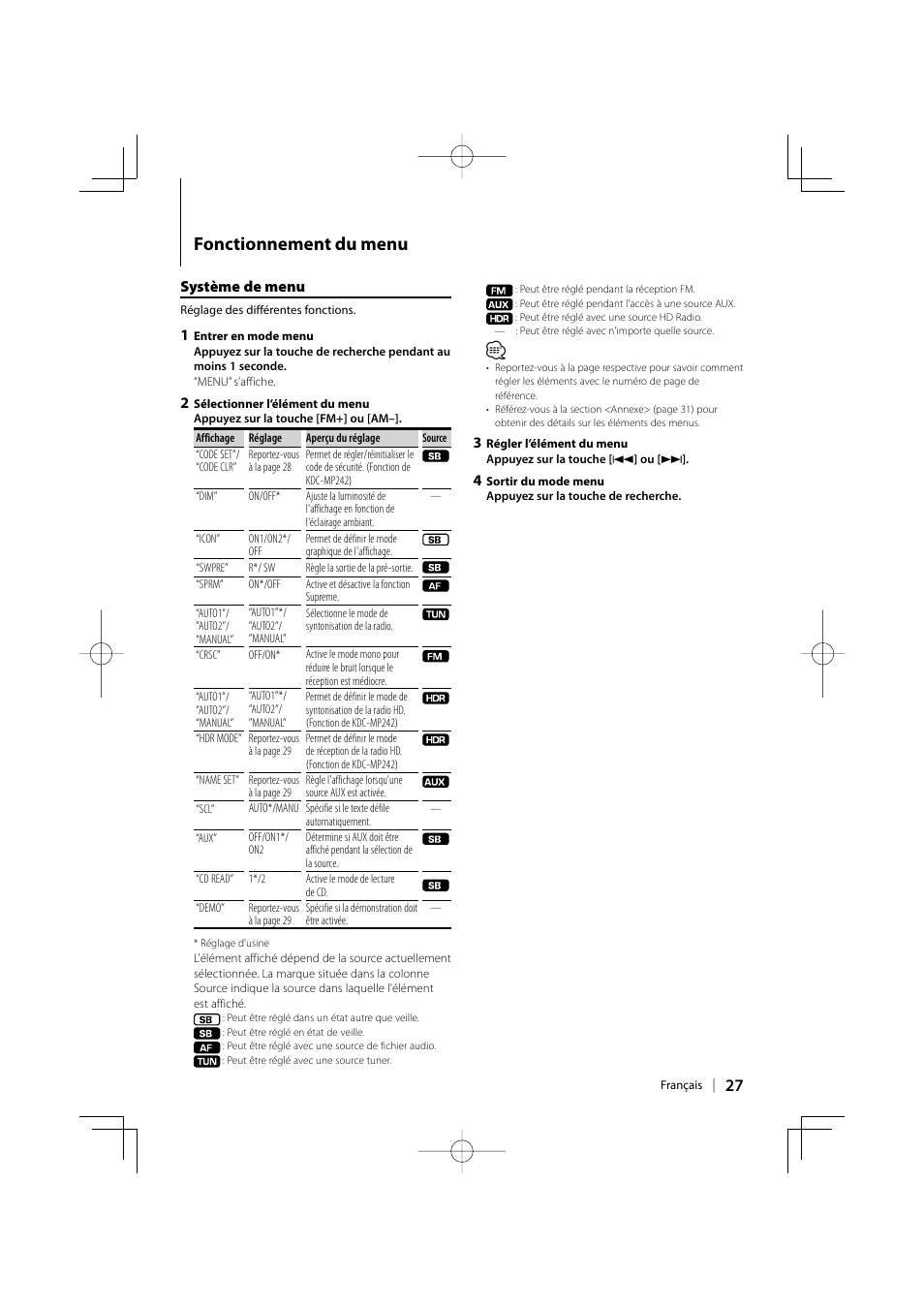 Fonctionnement du menu, Système de menu | Kenwood KDC-MP142 User Manual | Page 27 / 56