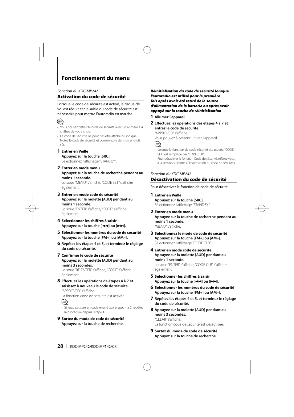 Fonctionnement du menu | Kenwood KDC-MP142 User Manual | Page 28 / 56