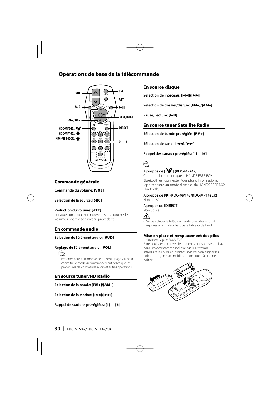 Opérations de base de la télécommande, Commande générale, En commande audio | En source tuner/hd radio, En source disque, En source tuner satellite radio | Kenwood KDC-MP142 User Manual | Page 30 / 56