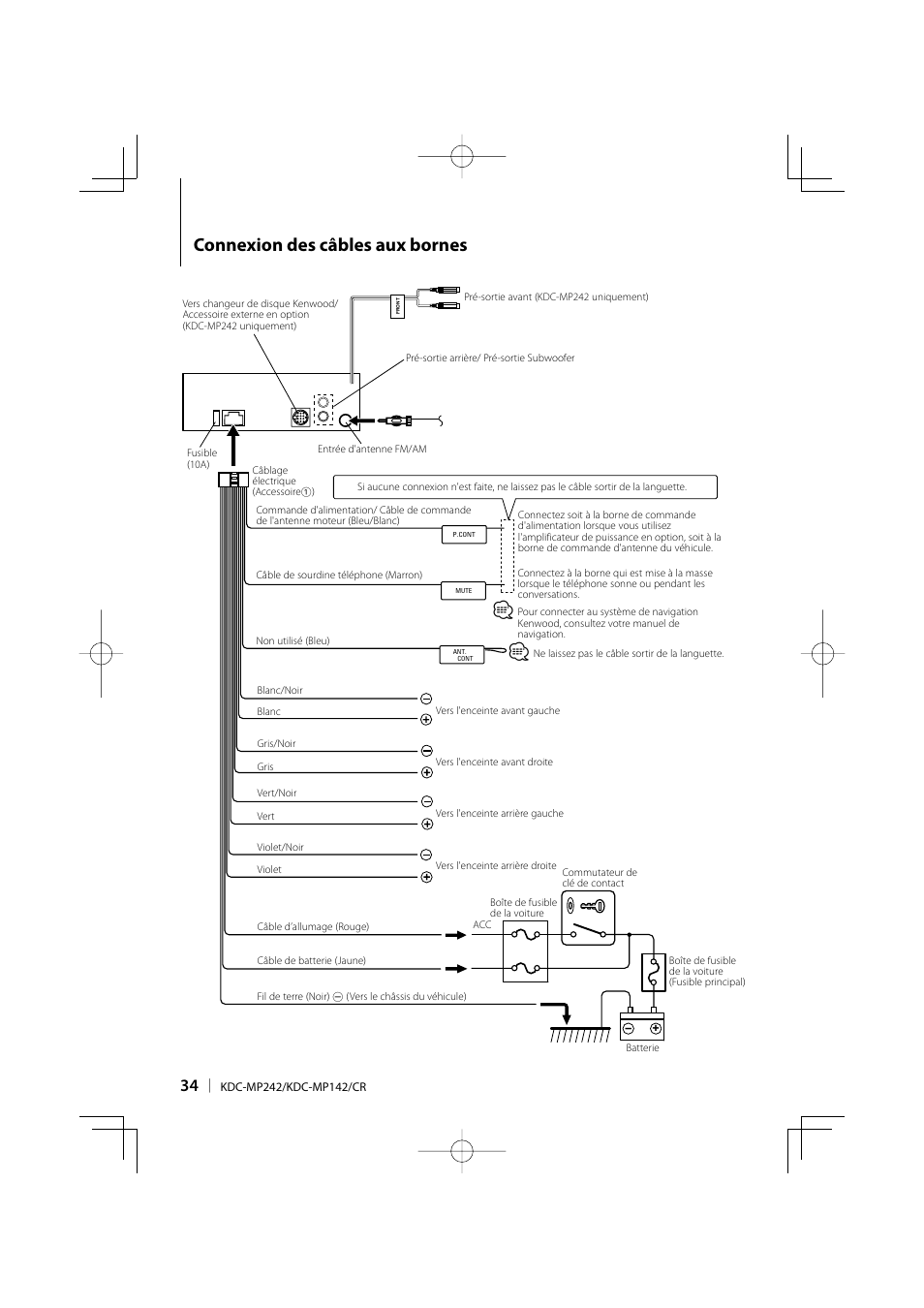 Connexion des câbles aux bornes | Kenwood KDC-MP142 User Manual | Page 34 / 56