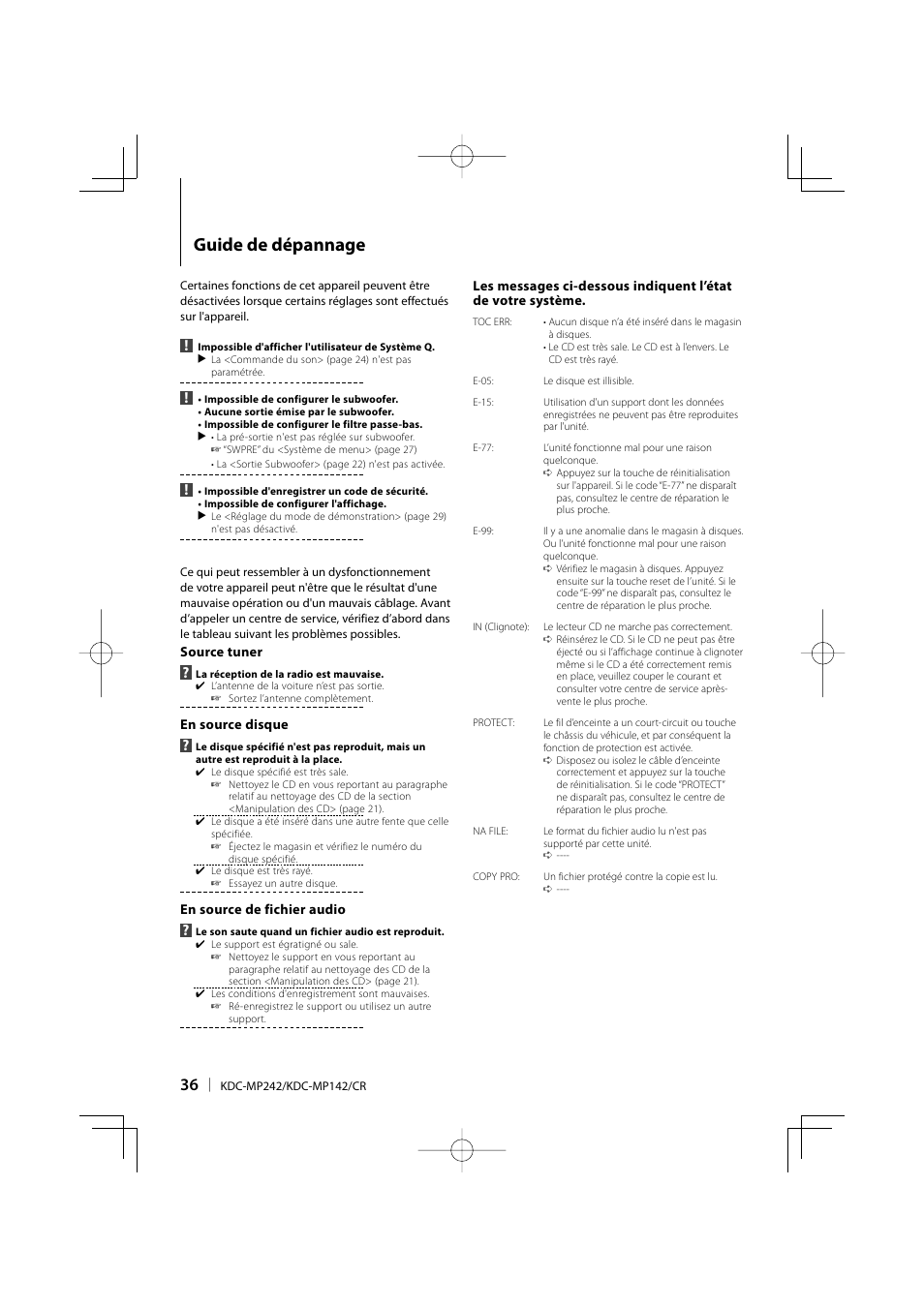 Guide de dépannage | Kenwood KDC-MP142 User Manual | Page 36 / 56