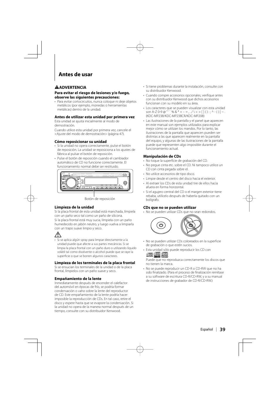 Antes de usar | Kenwood KDC-MP142 User Manual | Page 39 / 56