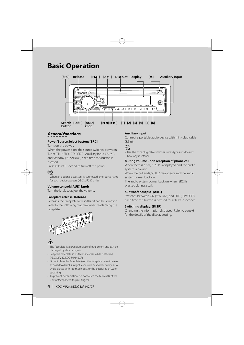 Basic operation | Kenwood KDC-MP142 User Manual | Page 4 / 56