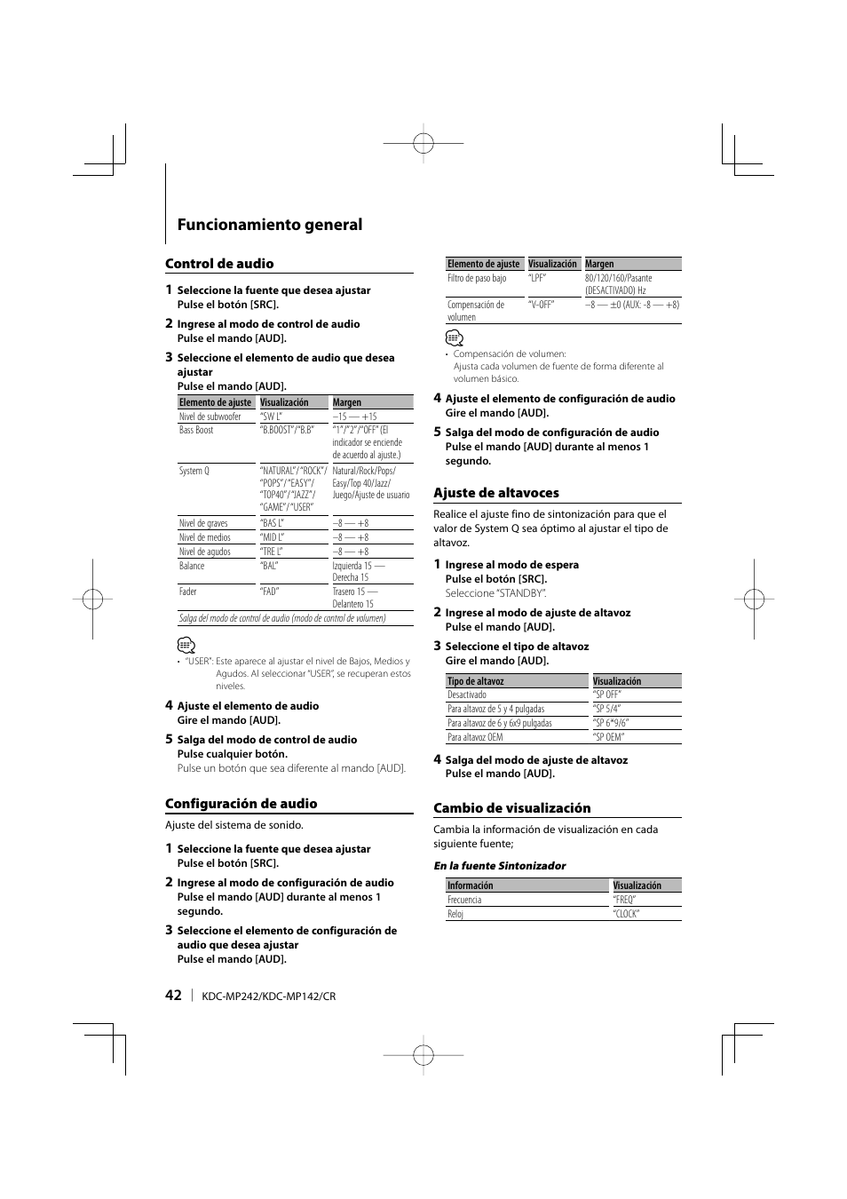 Funcionamiento general | Kenwood KDC-MP142 User Manual | Page 42 / 56