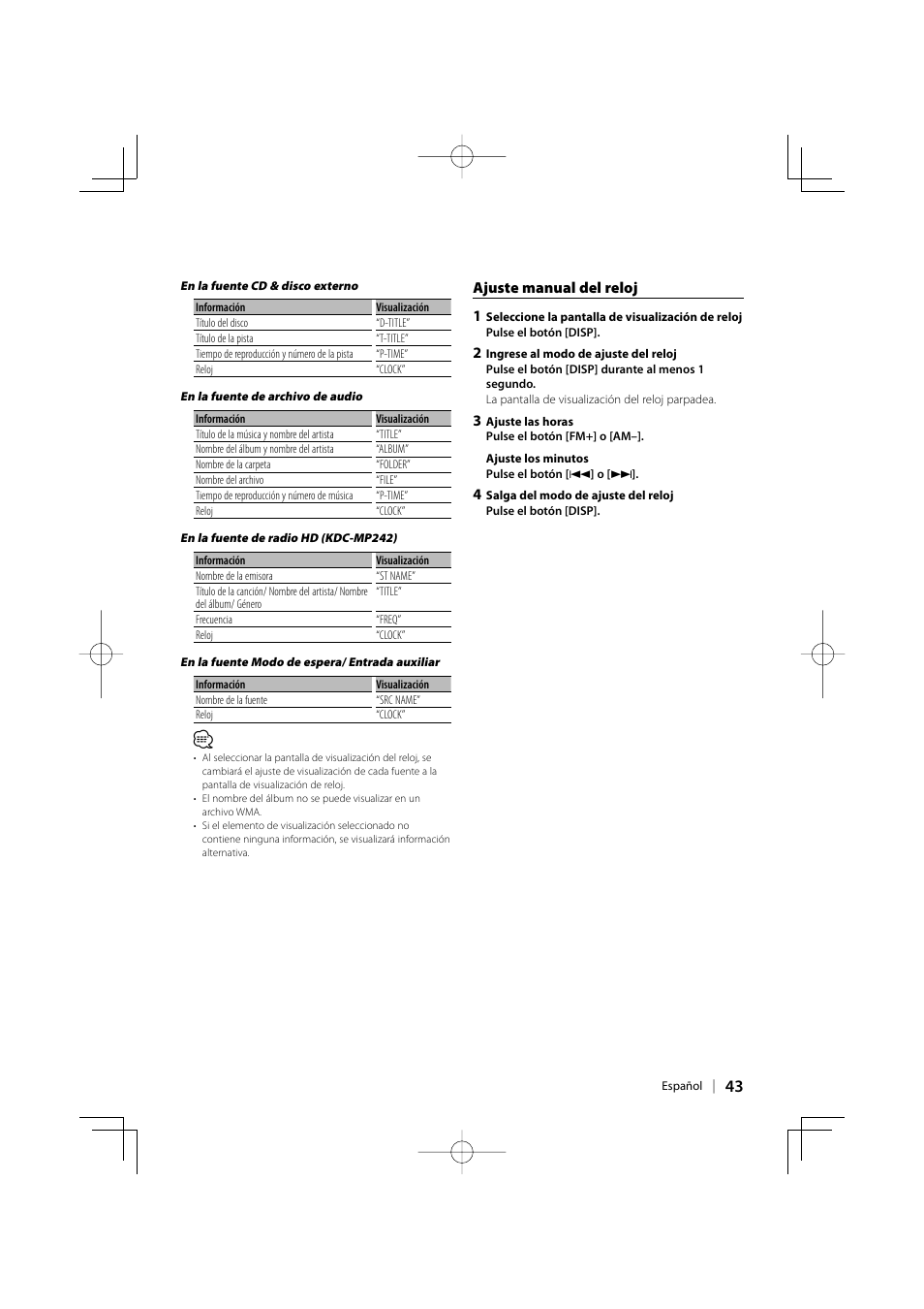 Ajuste manual del reloj 1 | Kenwood KDC-MP142 User Manual | Page 43 / 56