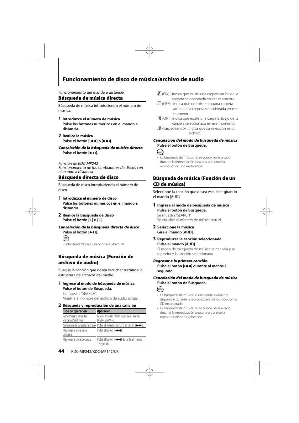 Funcionamiento de disco de música/archivo de audio | Kenwood KDC-MP142 User Manual | Page 44 / 56