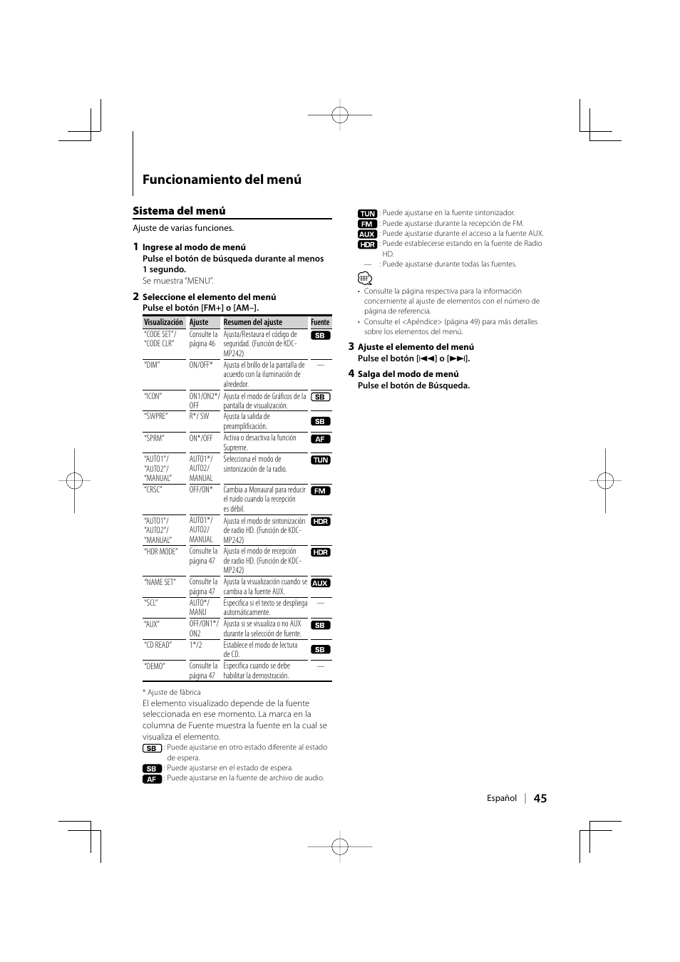 Funcionamiento del menú, Sistema del menú | Kenwood KDC-MP142 User Manual | Page 45 / 56