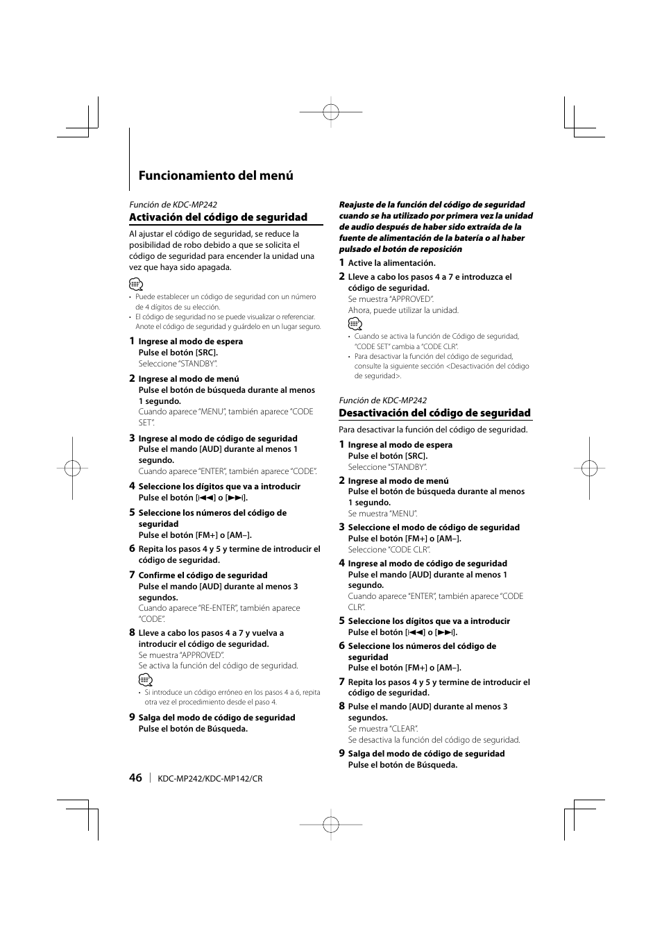 Funcionamiento del menú | Kenwood KDC-MP142 User Manual | Page 46 / 56