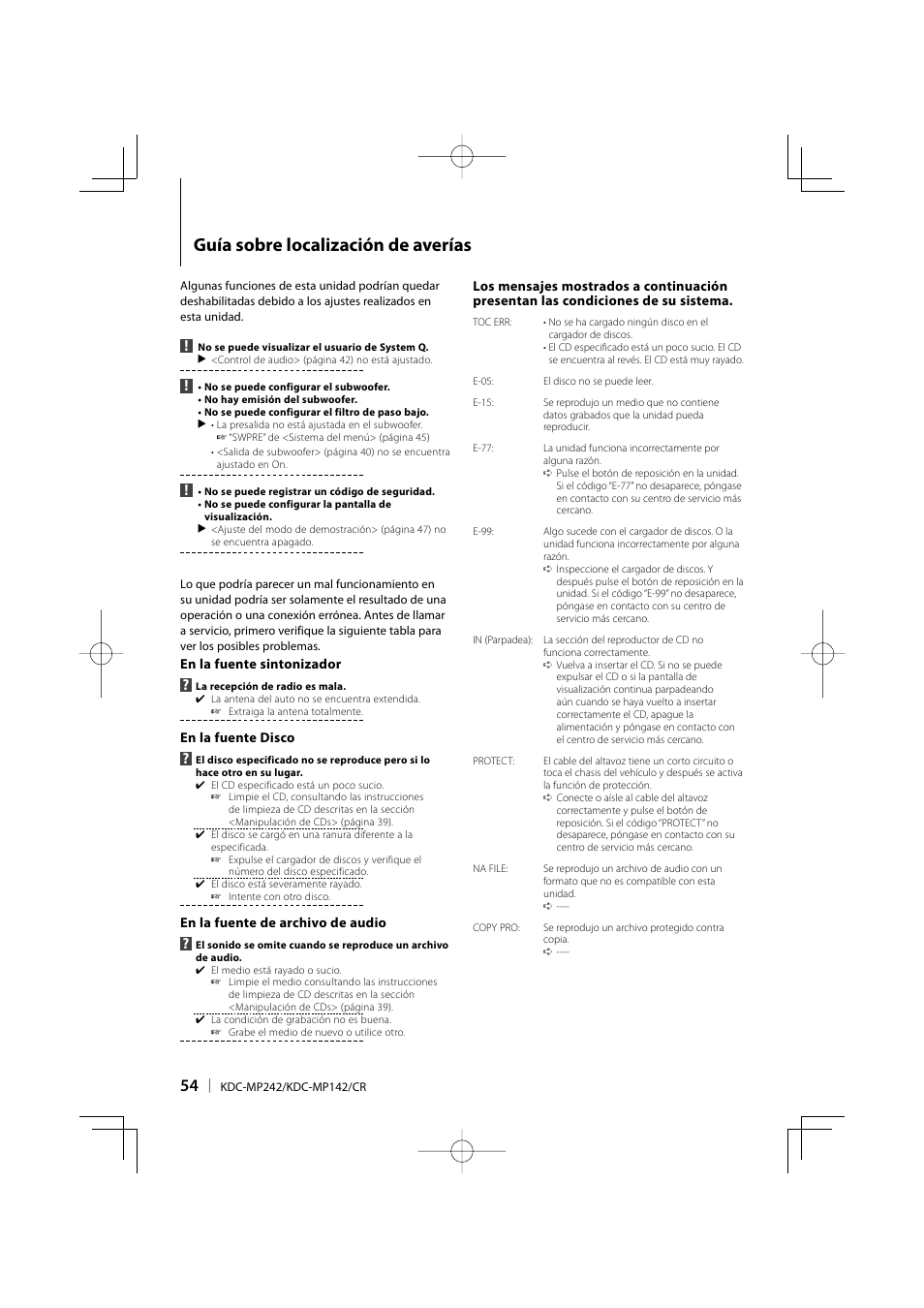 Guía sobre localización de averías | Kenwood KDC-MP142 User Manual | Page 54 / 56