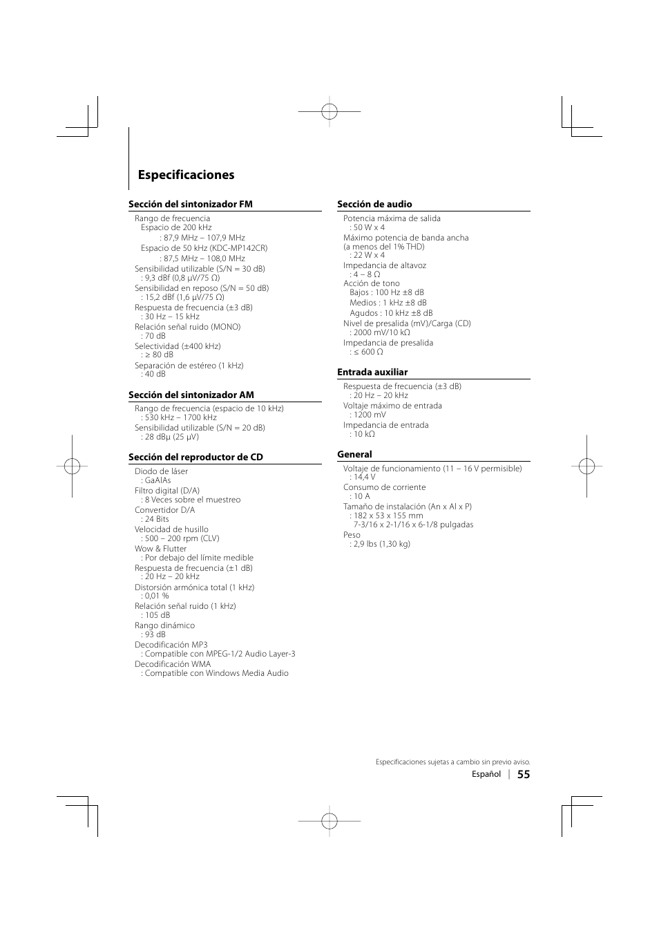 Especificaciones | Kenwood KDC-MP142 User Manual | Page 55 / 56