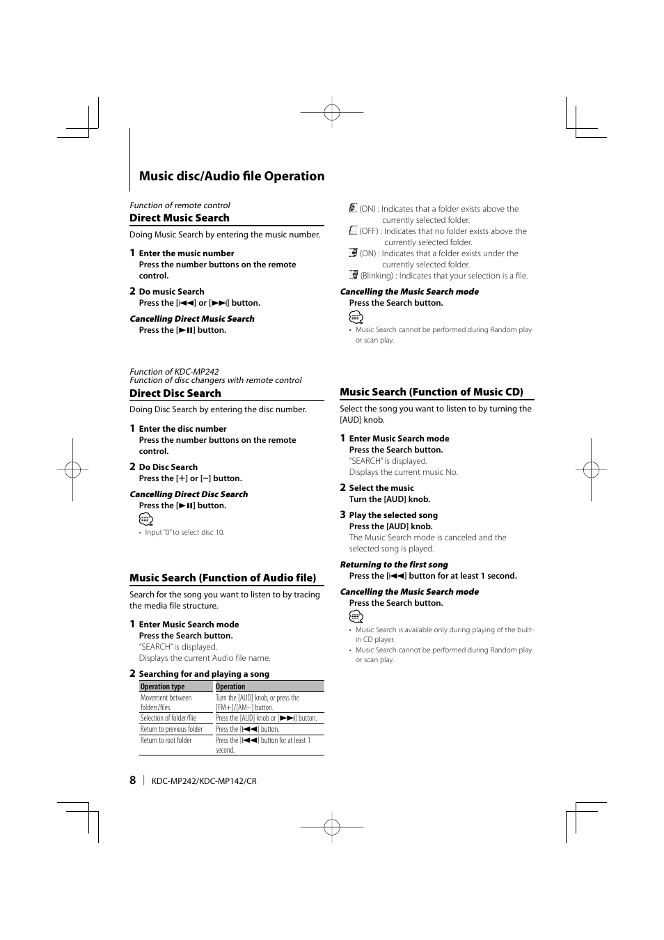 Music disc/audio fi le operation | Kenwood KDC-MP142 User Manual | Page 8 / 56