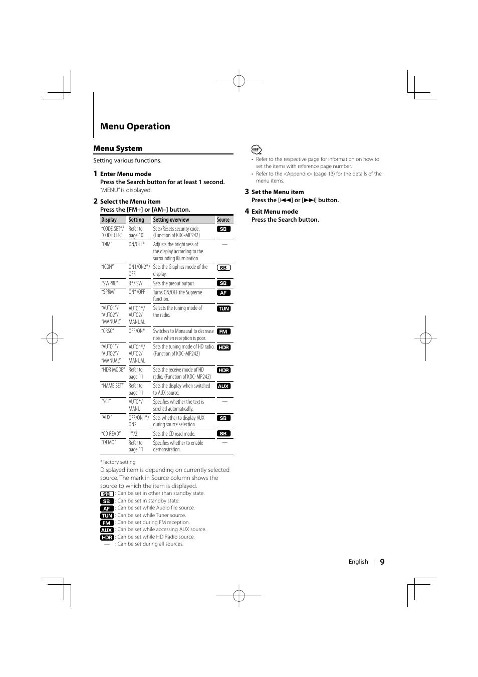 Menu operation, Menu system | Kenwood KDC-MP142 User Manual | Page 9 / 56