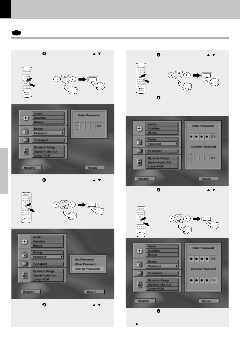 Dvd password (continued) change password, Password (continued), Change password | Operations, Set up functions | Kenwood DVF-3050 User Manual | Page 30 / 40