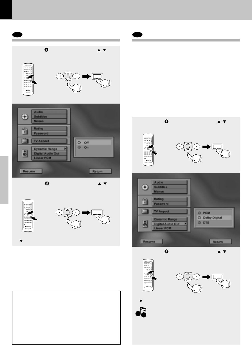 Dvd dynamic range, Dvd digital audio out, Dynamic range | Digital audio out, Dts disclaimer clause, Operations, For europe and u.k, Set up functions | Kenwood DVF-3050 User Manual | Page 32 / 40