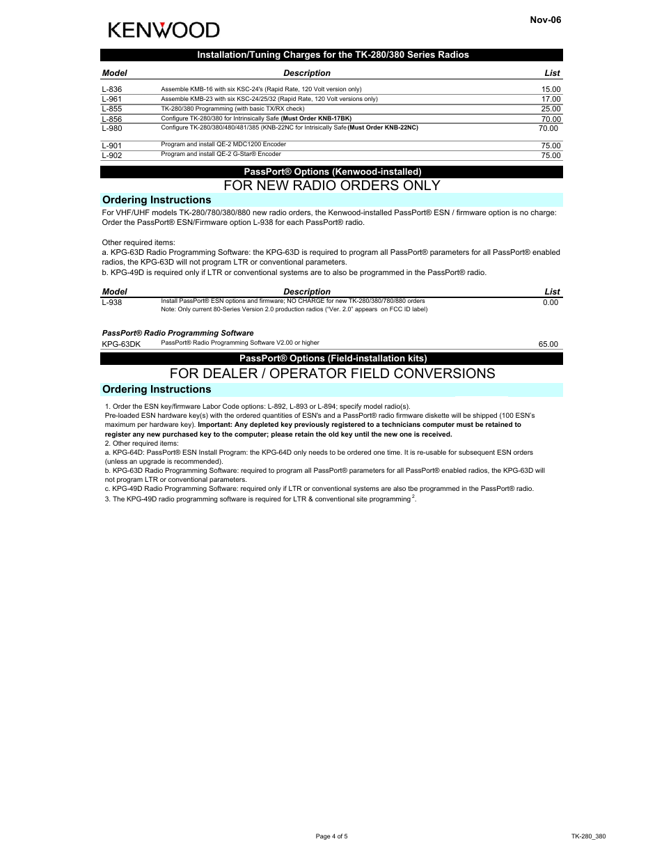 For new radio orders only, For dealer / operator field conversions, Ordering instructions | Kenwood TK-280 User Manual | Page 4 / 5