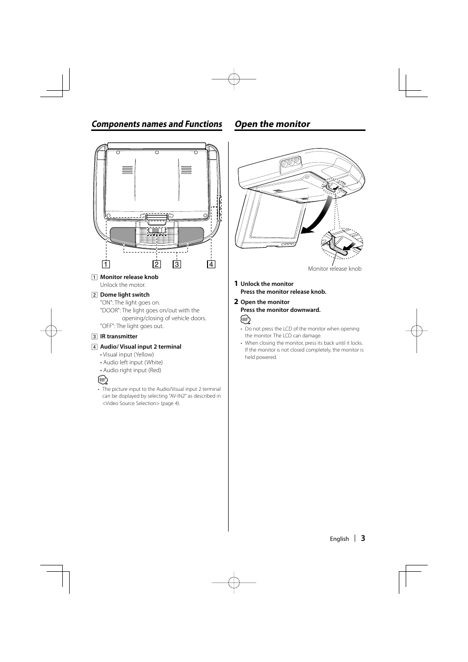 Components names and functions, Open the monitor | Kenwood LZH-80TJ4 User Manual | Page 3 / 8