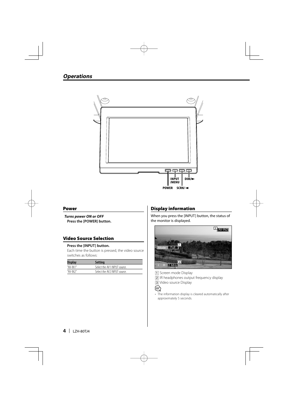 Operations, Video source selection, Power | Display information | Kenwood LZH-80TJ4 User Manual | Page 4 / 8