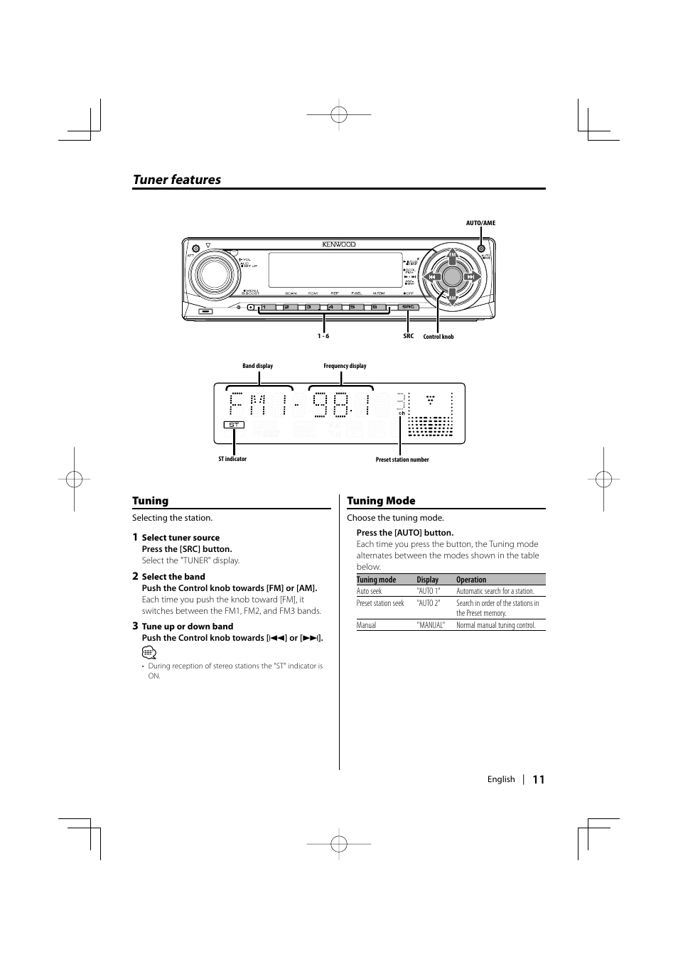 Tuner features, Tuning, Tuning mode | Kenwood KDC-MP3035 User Manual | Page 11 / 96