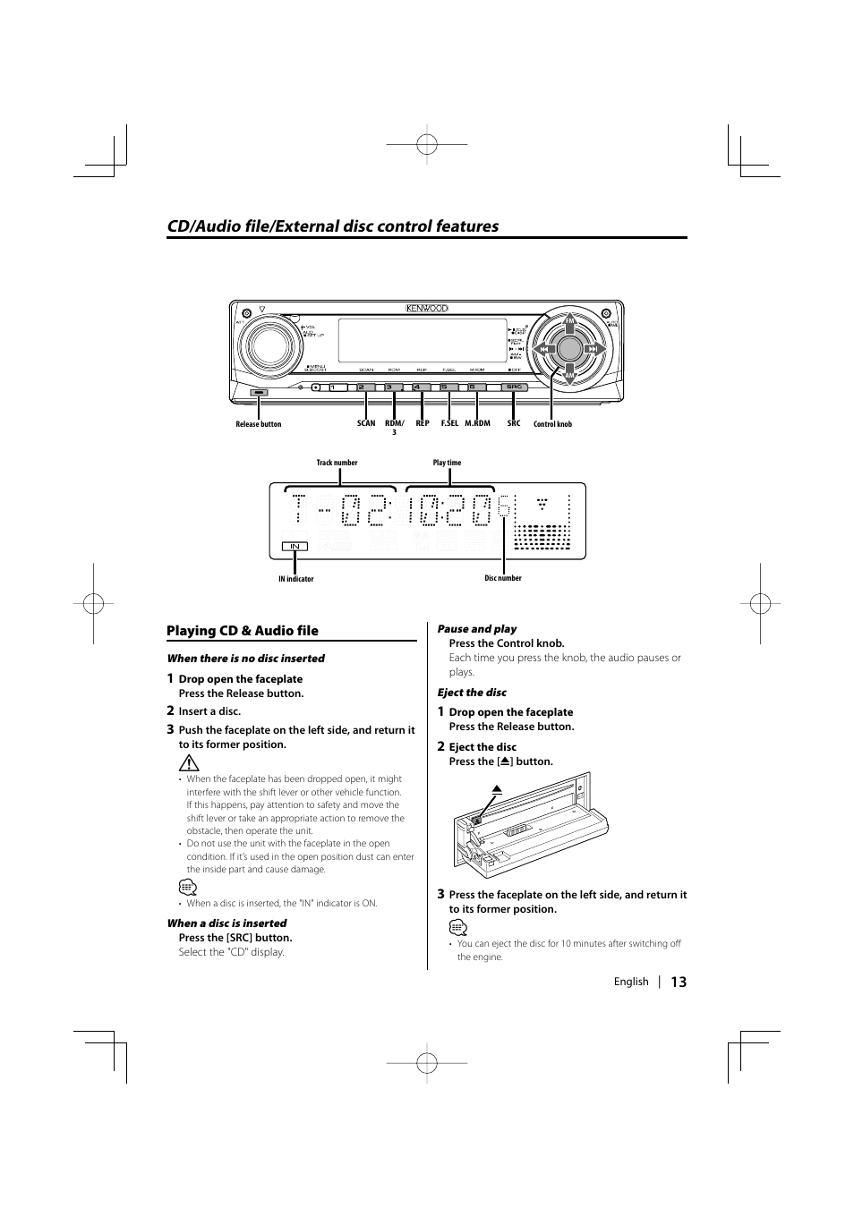 Cd/audio file/external disc control features, Playing cd & audio file | Kenwood KDC-MP3035 User Manual | Page 13 / 96