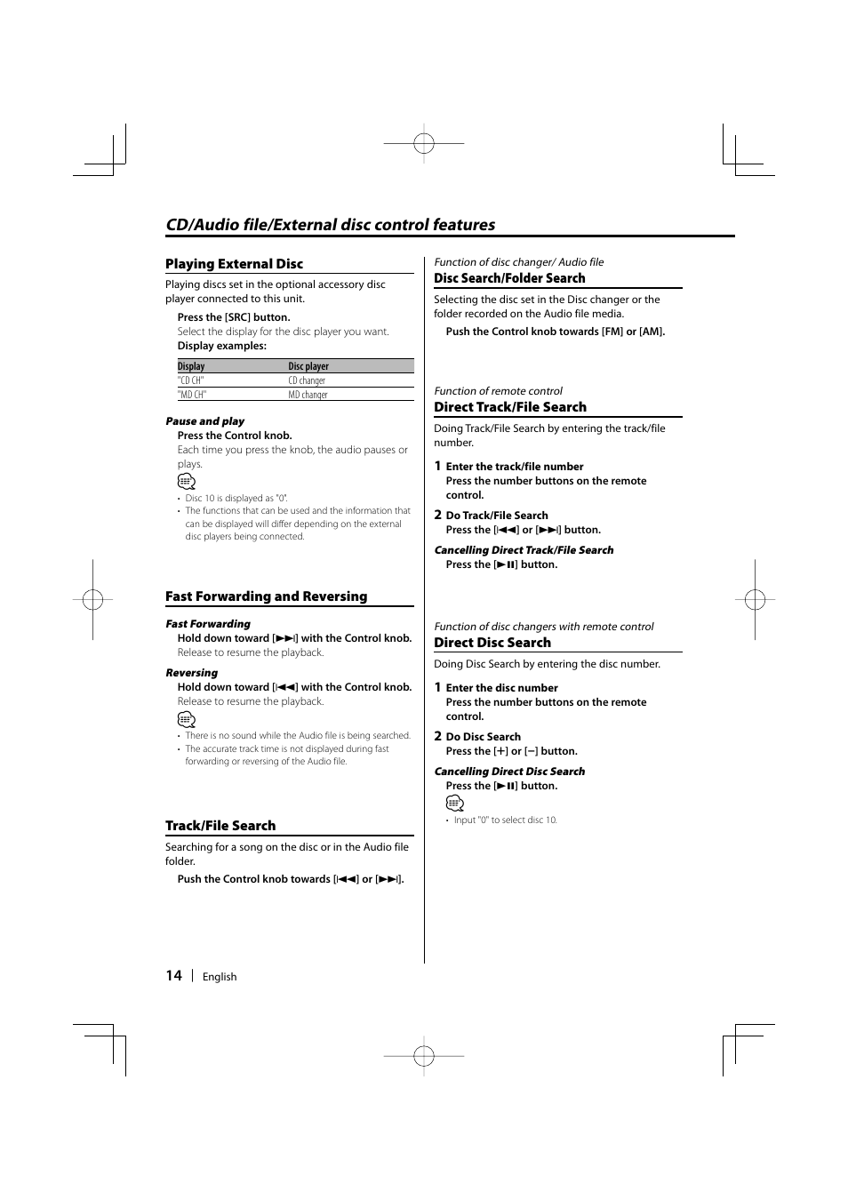 Cd/audio file/external disc control features | Kenwood KDC-MP3035 User Manual | Page 14 / 96