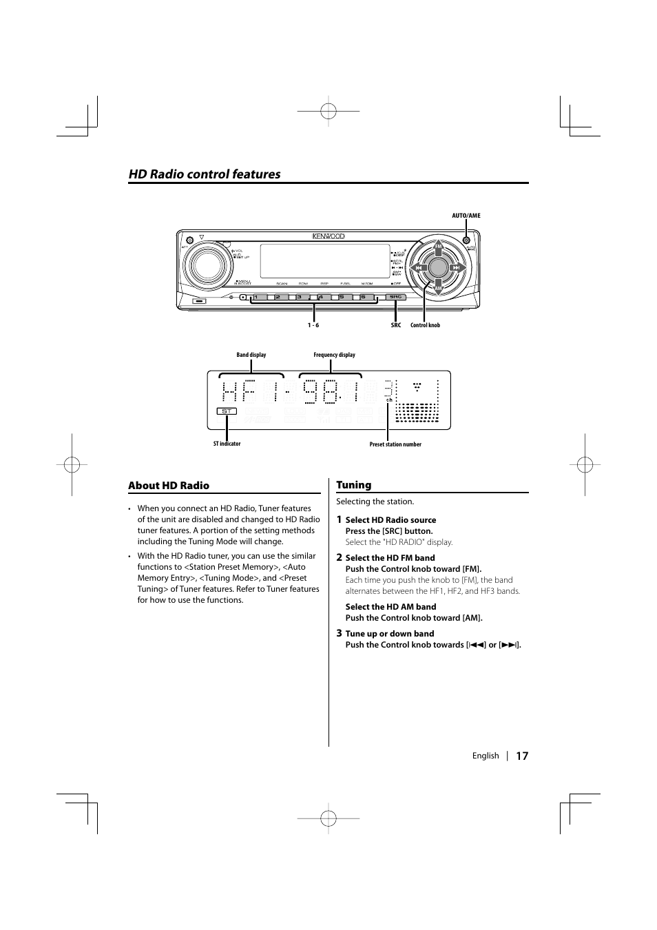 Hd radio control features, About hd radio, Tuning | Kenwood KDC-MP3035 User Manual | Page 17 / 96