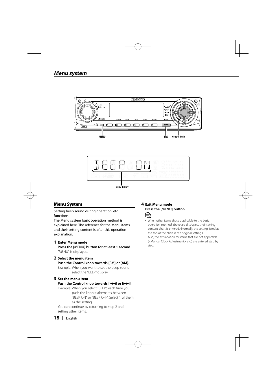 Menu system | Kenwood KDC-MP3035 User Manual | Page 18 / 96