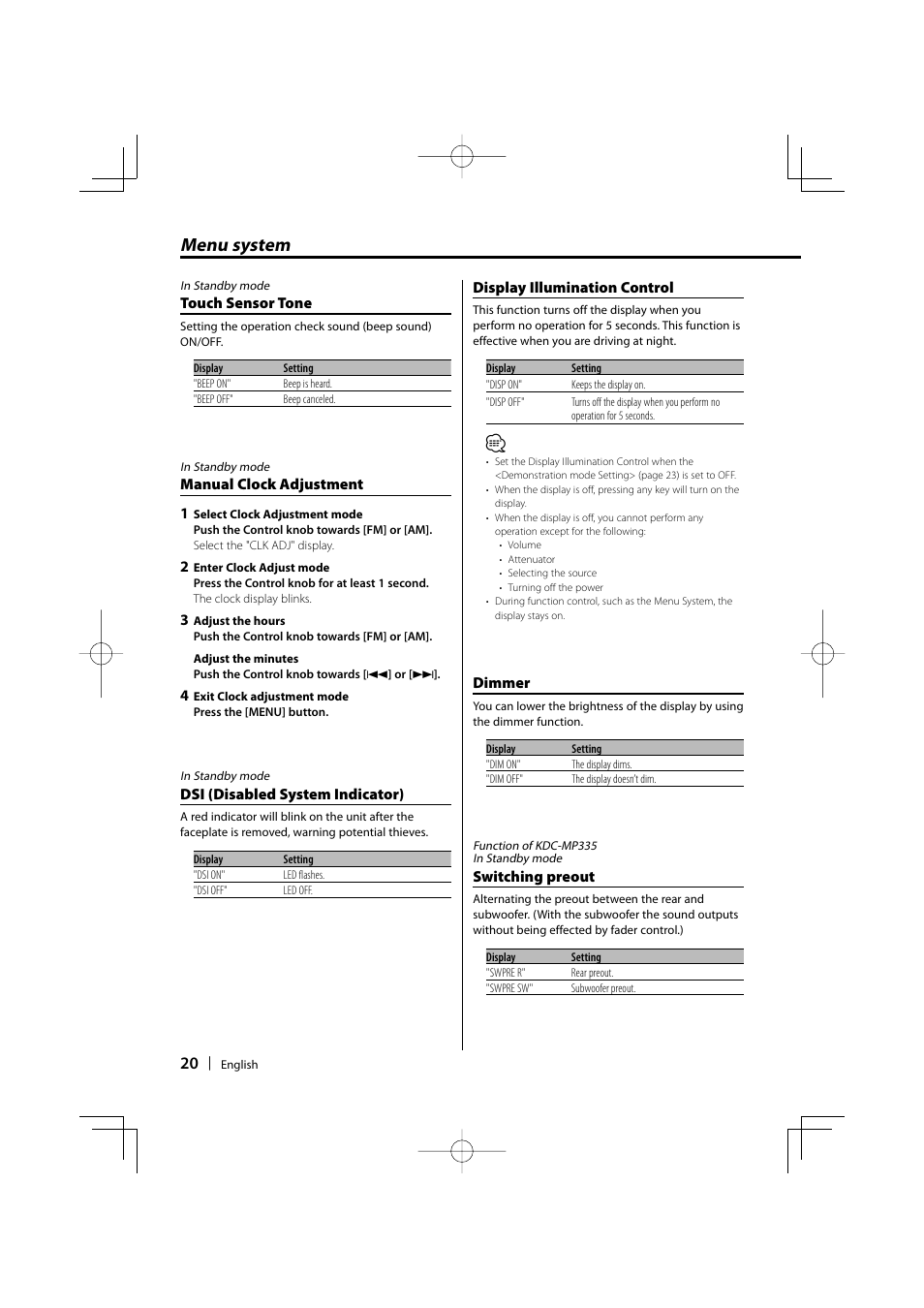 Menu system | Kenwood KDC-MP3035 User Manual | Page 20 / 96