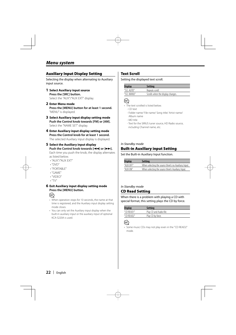 Menu system | Kenwood KDC-MP3035 User Manual | Page 22 / 96