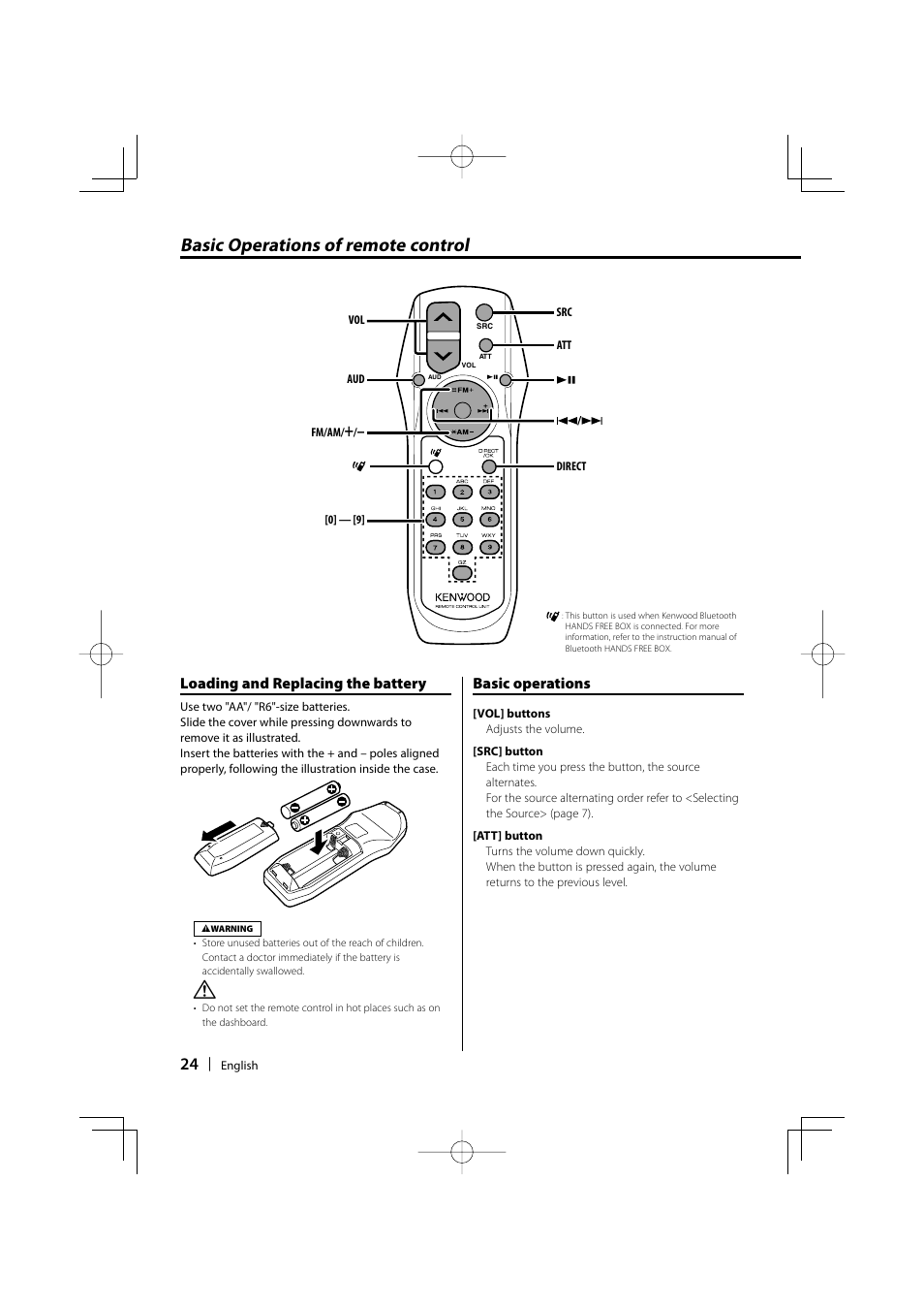 Basic operations of remote control, Loading and replacing the battery, Basic operations | Kenwood KDC-MP3035 User Manual | Page 24 / 96