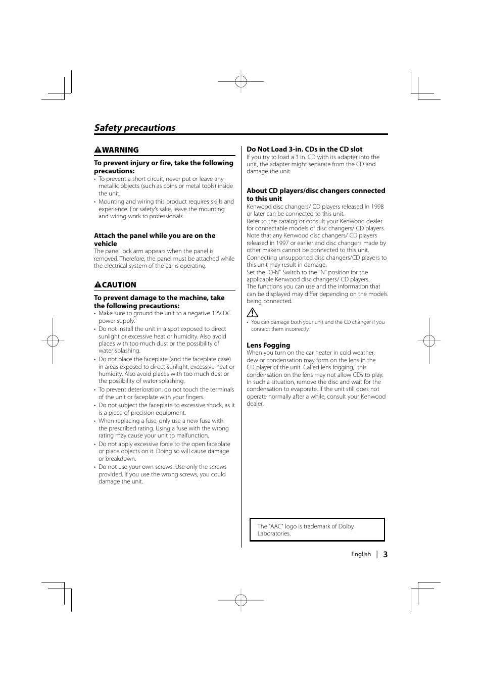 Safety precautions | Kenwood KDC-MP3035 User Manual | Page 3 / 96