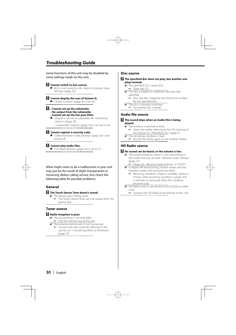 Troubleshooting guide | Kenwood KDC-MP3035 User Manual | Page 30 / 96