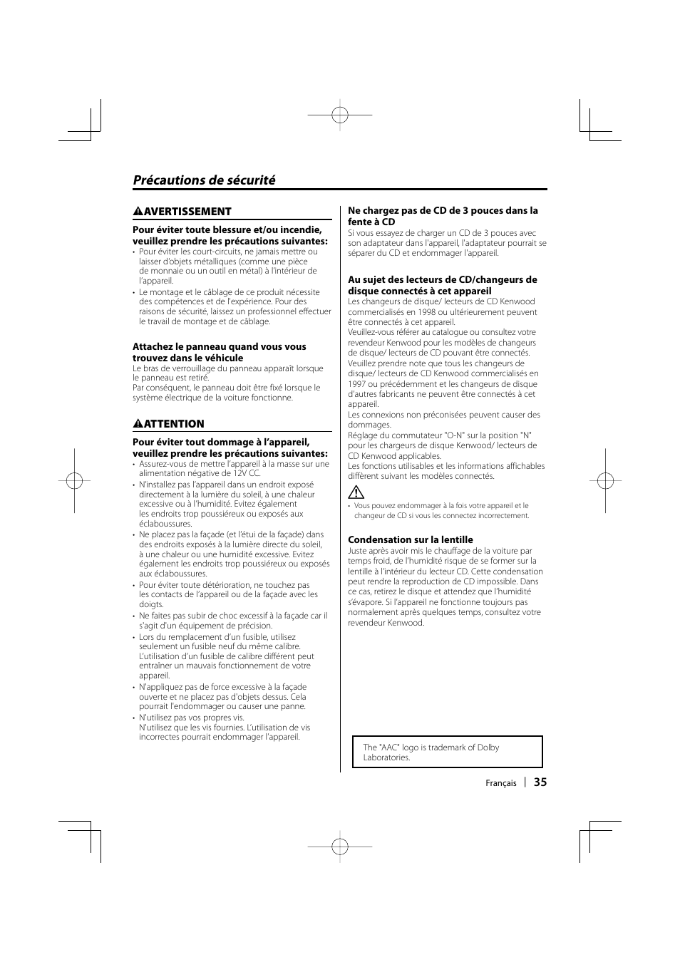 Précautions de sécurité | Kenwood KDC-MP3035 User Manual | Page 35 / 96