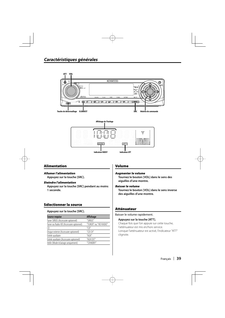 Caractéristiques générales, Alimentation, Sélectionner la source | Volume, Atténuateur | Kenwood KDC-MP3035 User Manual | Page 39 / 96