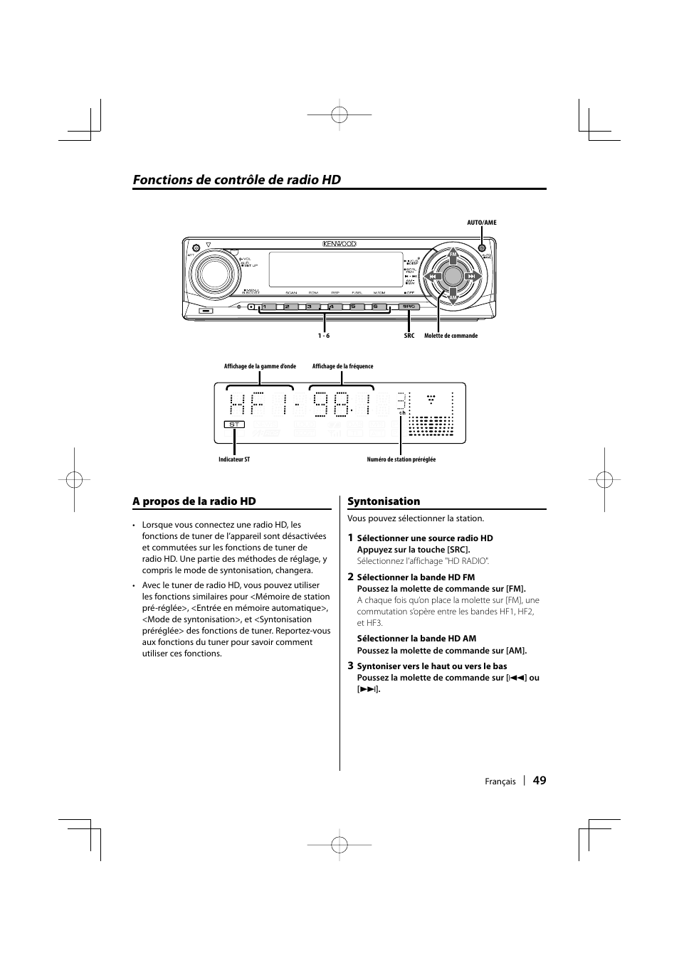 Fonctions de contrôle de radio hd, A propos de la radio hd, Syntonisation | Kenwood KDC-MP3035 User Manual | Page 49 / 96